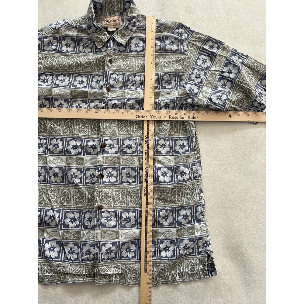 Woolrich Mens Blue Olive Cotton Block Print Floral Fish Short Sleeve Shirt M - Picture 4 of 10